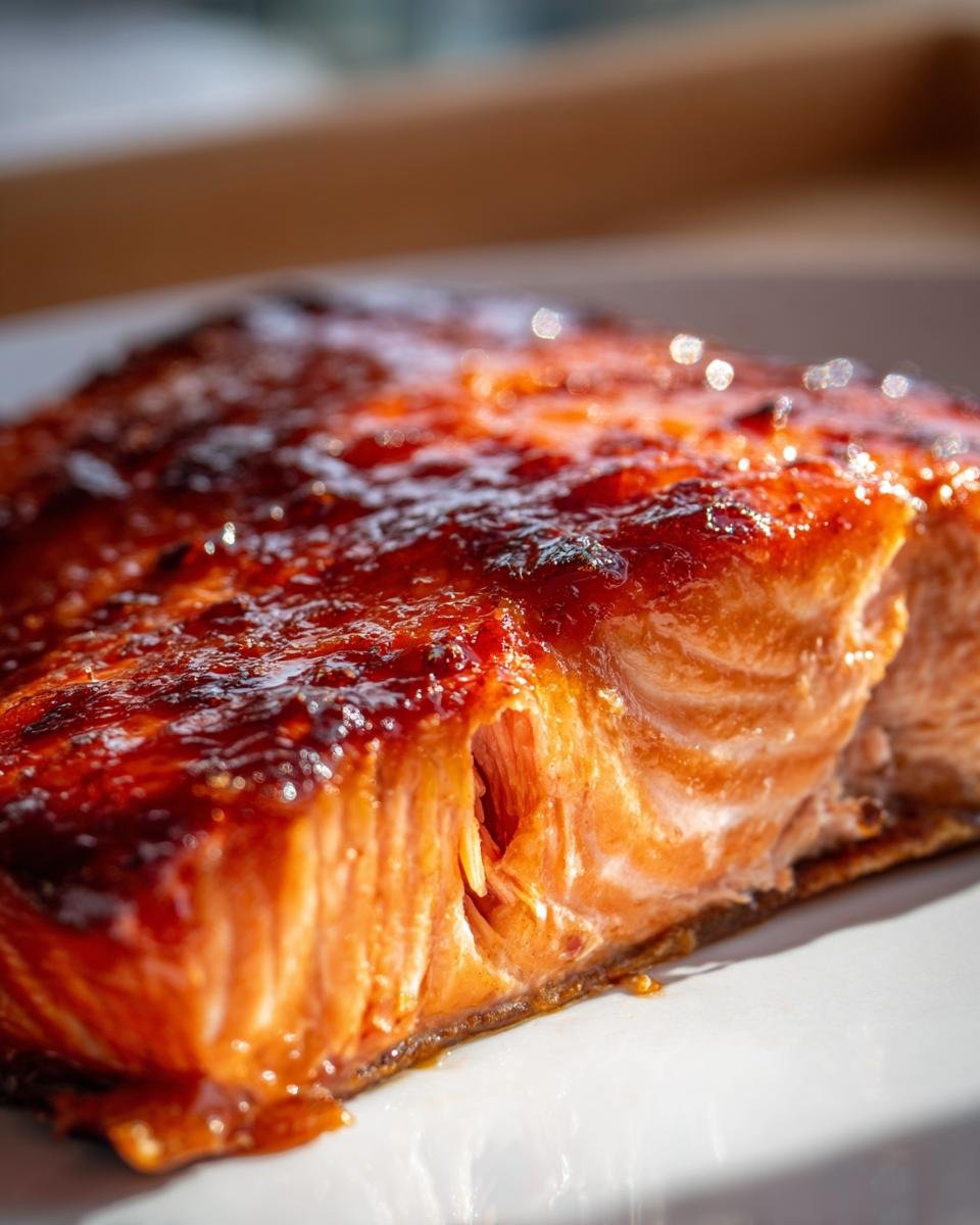 A close-up, mouthwatering view of a perfectly cooked Hot Honey Glazed Salmon fillet with a shiny, caramelized top.