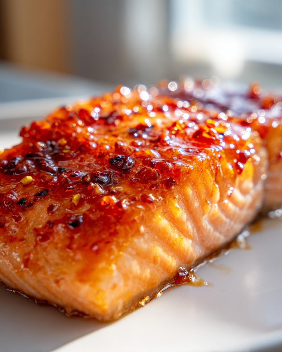 A close-up, glossy shot of a perfectly cooked salmon fillet topped with a thick, shimmering Hot Honey Glazed Salmon topping.