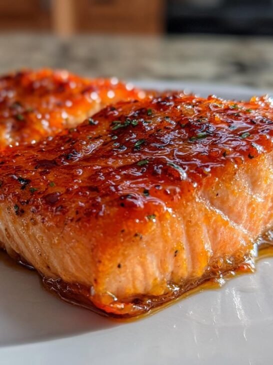Two glistening fillets of Hot Honey Glazed Salmon, perfectly cooked and drizzled with sticky glaze.