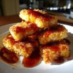 Stack of crispy, golden Hot Honey Halloumi Schnitzel pieces drizzled with thick honey sauce.