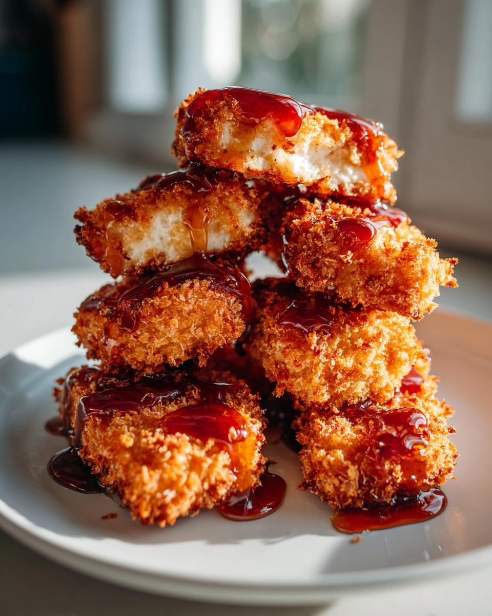 Stack of crispy, golden Hot Honey Halloumi Schnitzel pieces drizzled with dark honey sauce.