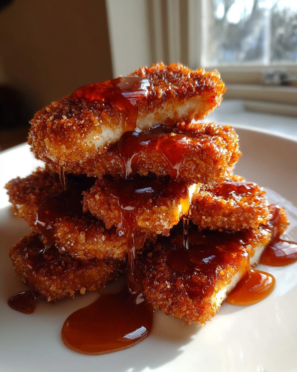 A stack of golden, crispy Hot Honey Halloumi Schnitzel pieces generously drizzled with sweet, dark honey sauce.