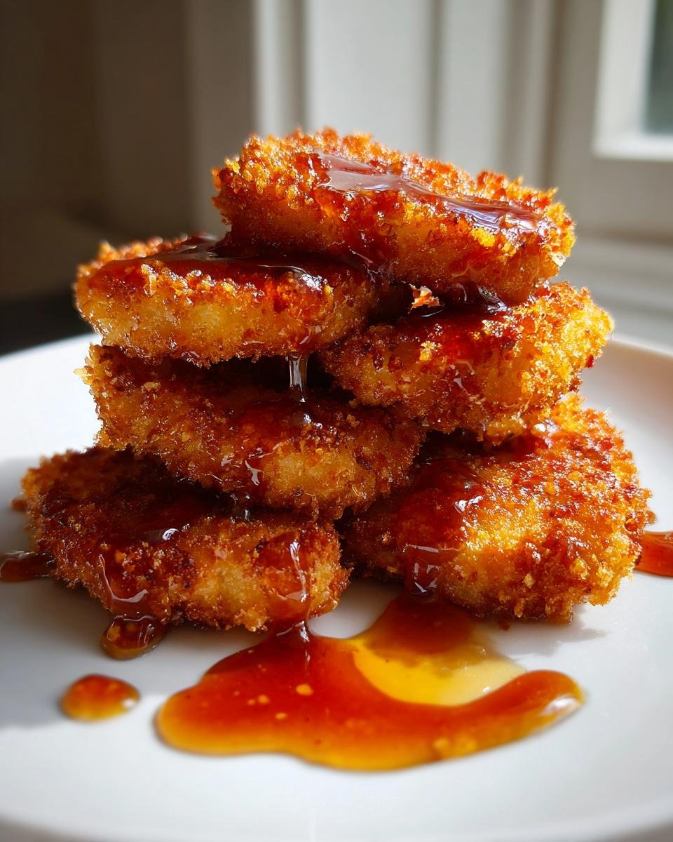 A stack of golden, crispy Hot Honey Halloumi Schnitzel pieces generously drizzled with glistening hot honey sauce.