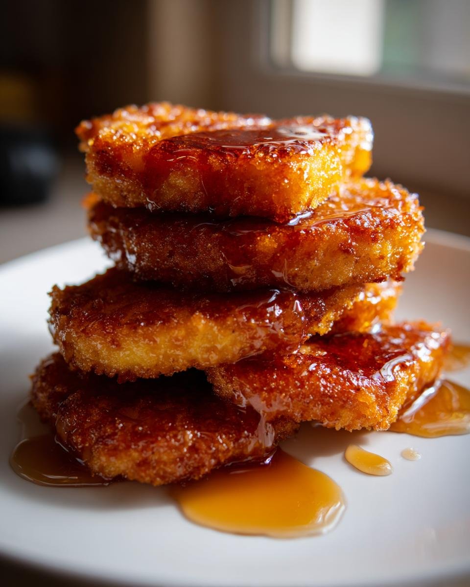 A stack of four golden-brown Hot Honey Halloumi Schnitzel pieces drizzled generously with sticky honey sauce.