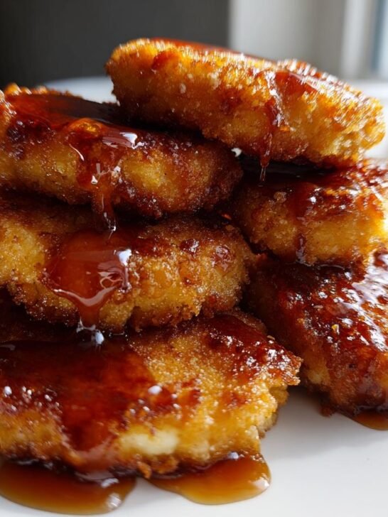 A stack of golden, crispy Hot Honey Halloumi Schnitzel pieces drizzled heavily with shiny, dark honey sauce.