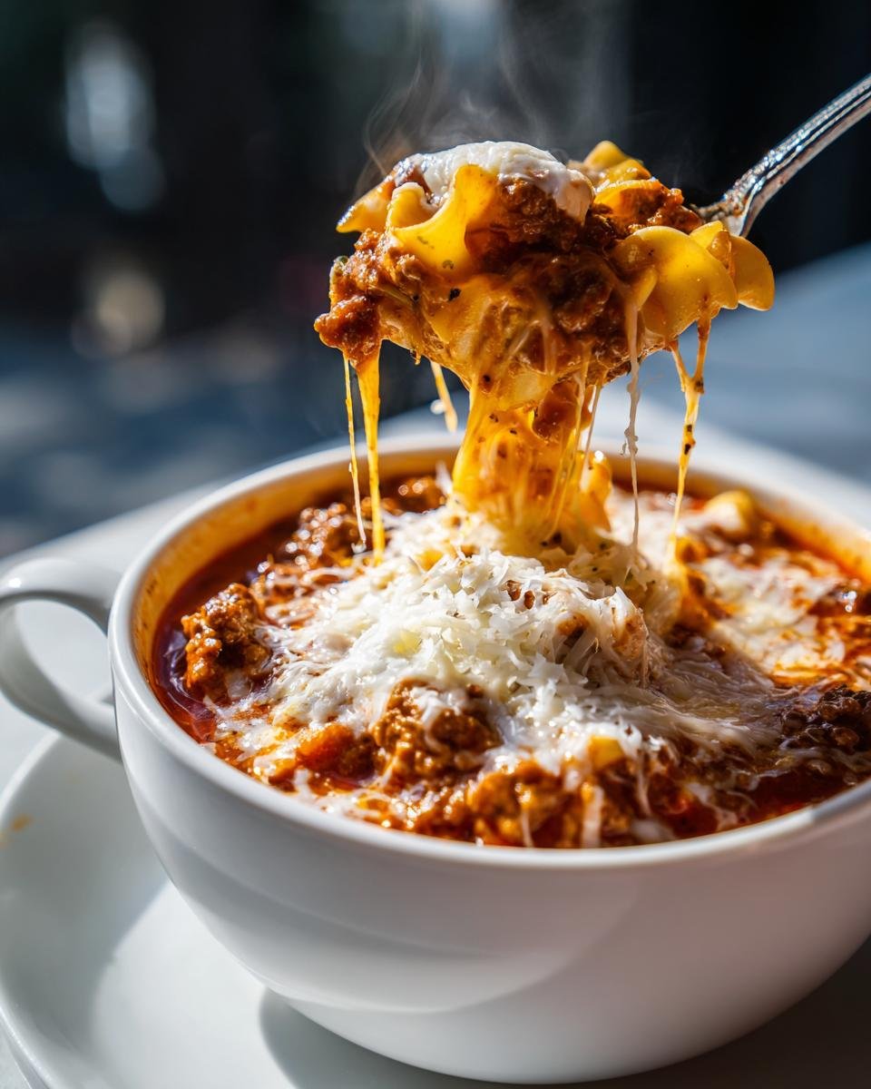A spoonful of steaming hot Lasagna Soup is lifted from a white bowl, showing melted cheese strings and rich meat sauce.