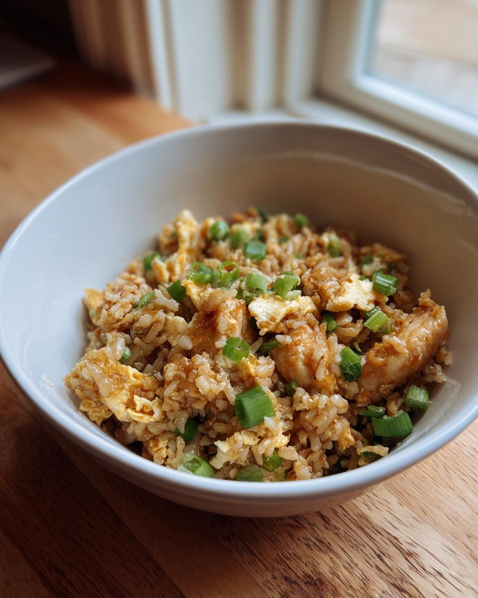 Close-up of Instant Pot Chicken Fried Rice with scrambled egg and green onions in a white bowl.