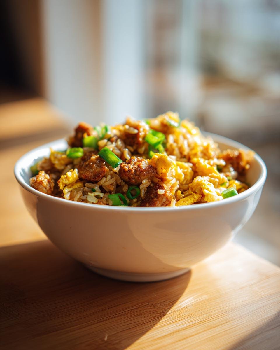 A white bowl filled with Instant Pot Chicken Fried Rice, featuring scrambled egg and green onions, sitting on a wooden surface.