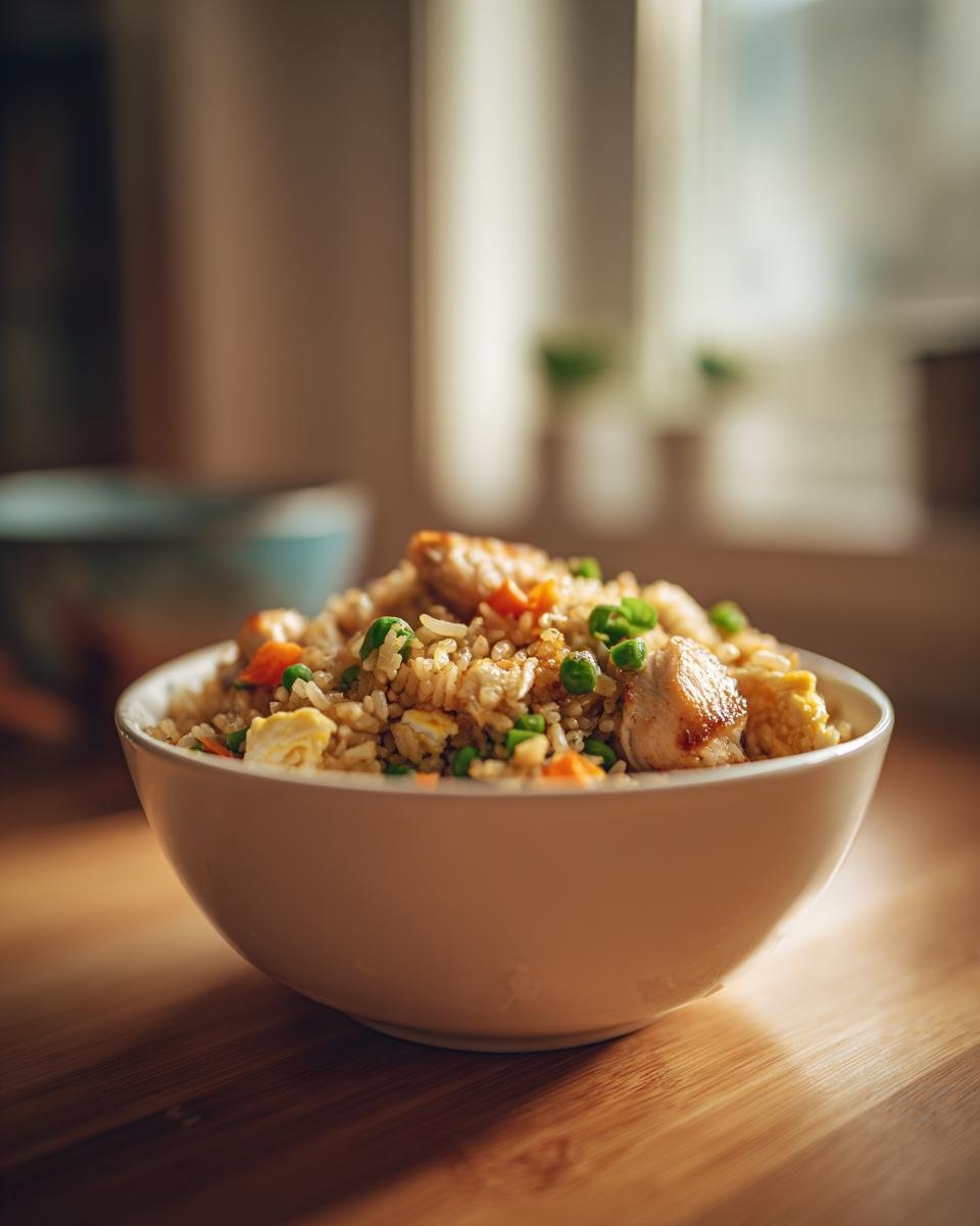 A close-up of a white bowl filled with Instant Pot Chicken Fried Rice, featuring chicken pieces, peas, and carrots.