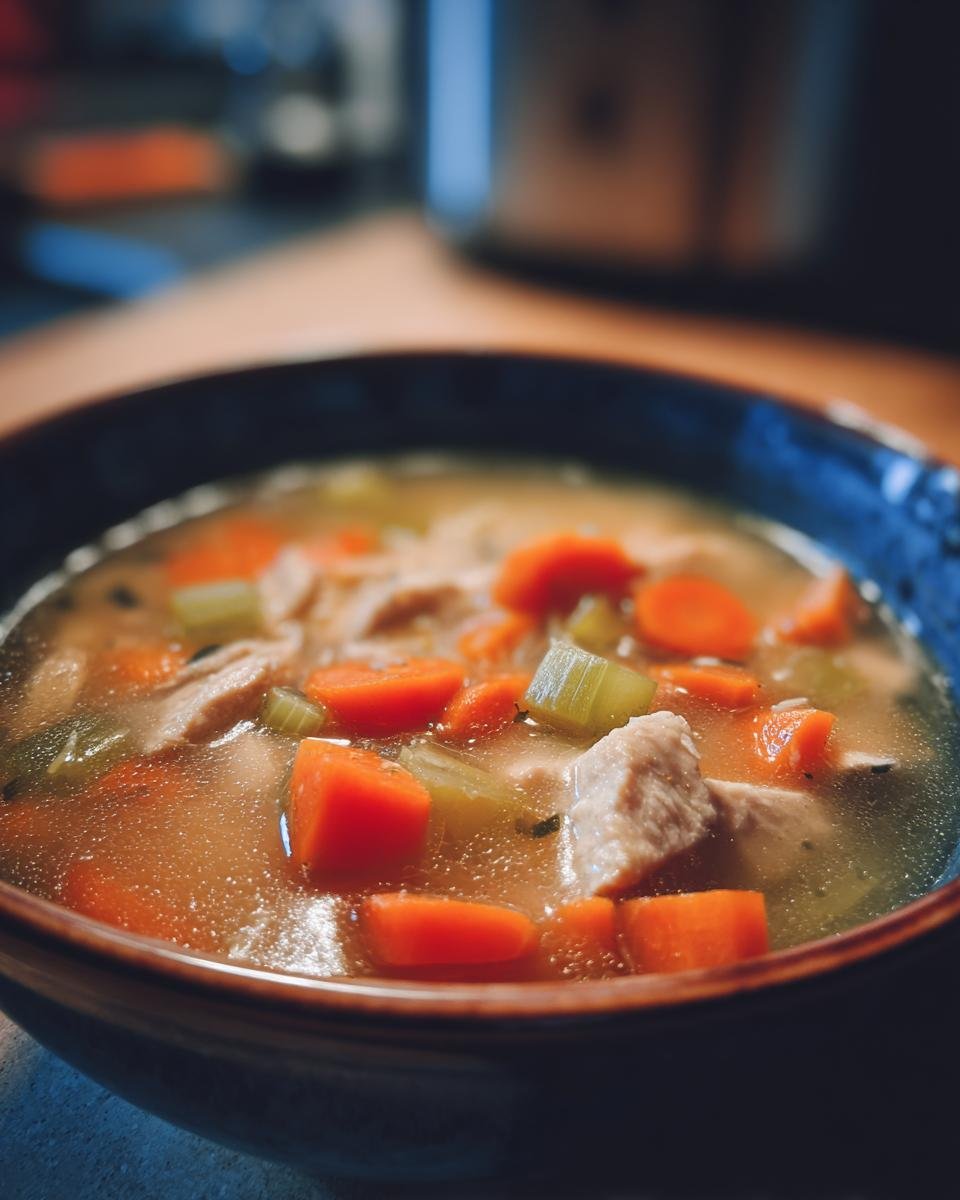 Close-up of a dark blue bowl filled with Instant Pot Chicken Vegetable Soup, featuring chunks of chicken, carrots, and celery in broth.