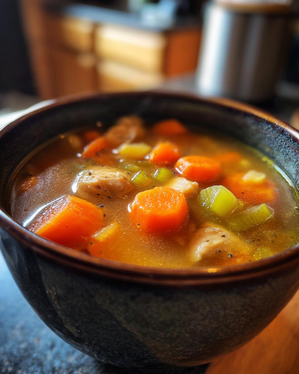 Close-up of a dark bowl filled with Instant Pot Chicken Vegetable Soup, showing chunks of chicken, carrots, and celery.