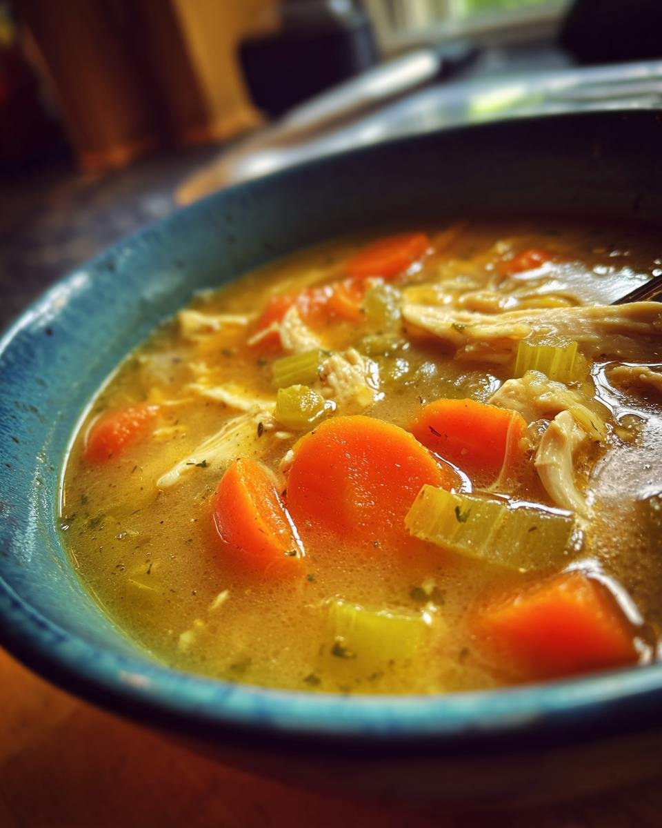 Close-up of a steaming bowl of Instant Pot Chicken Vegetable Soup with visible carrots, celery, and shredded chicken.