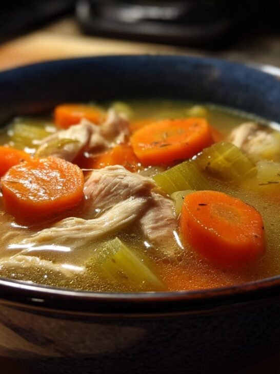 Close-up of a blue bowl filled with Instant Pot Chicken Vegetable Soup, showing shredded chicken, bright orange carrots, and celery.