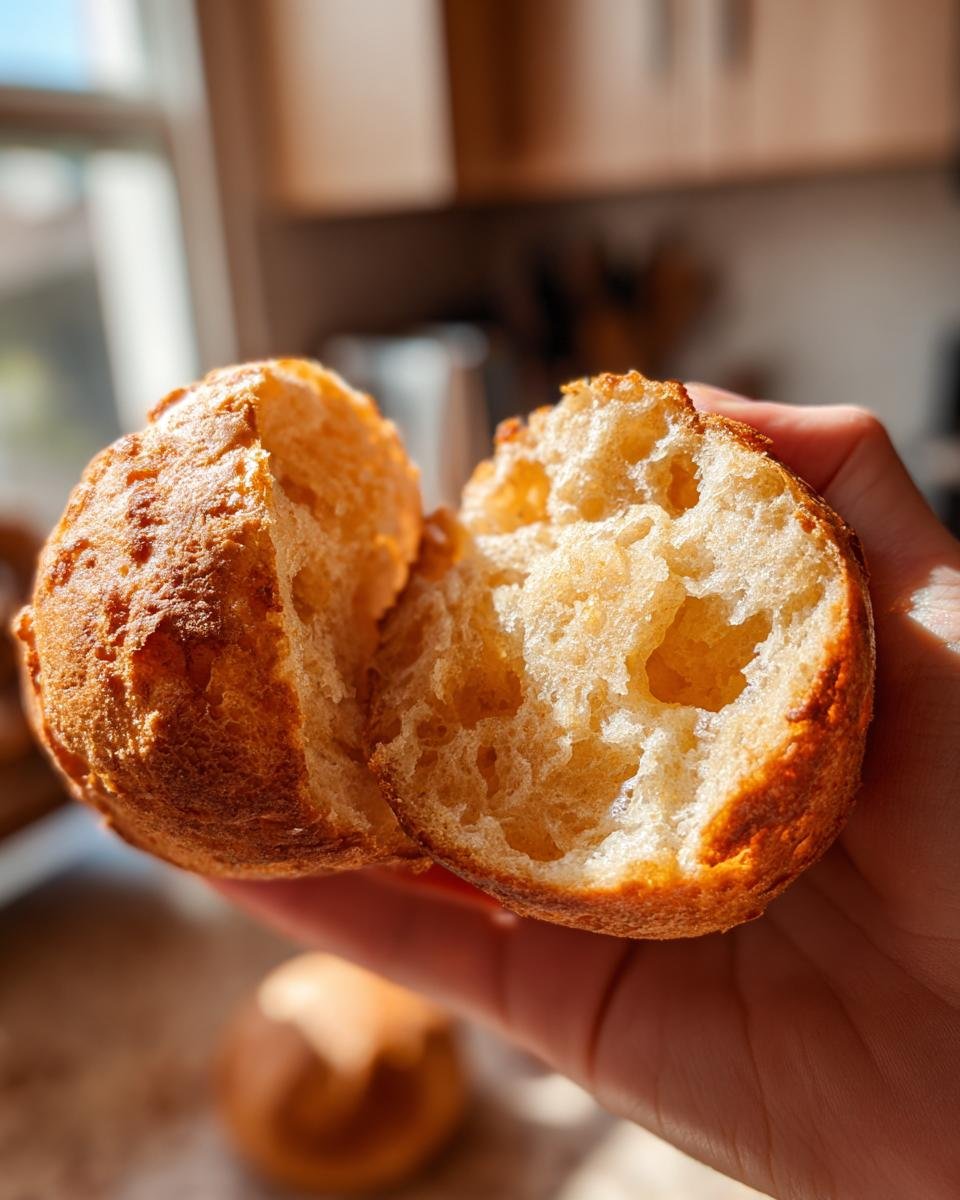 A hand holding a freshly made English Muffin split open to show the airy, craggy interior texture.