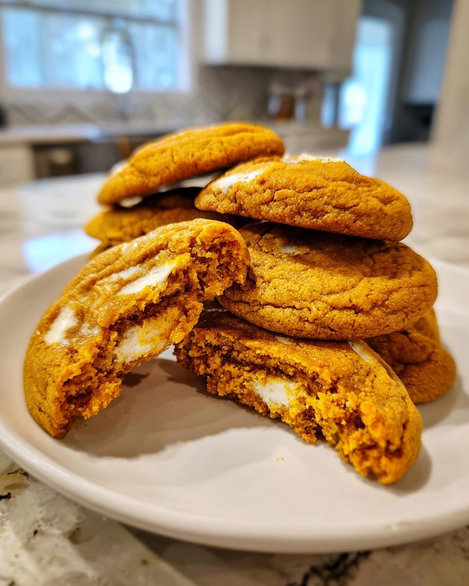 A stack of Irresistible Pumpkin Cheesecake Cookies, one broken open to show the creamy white filling.