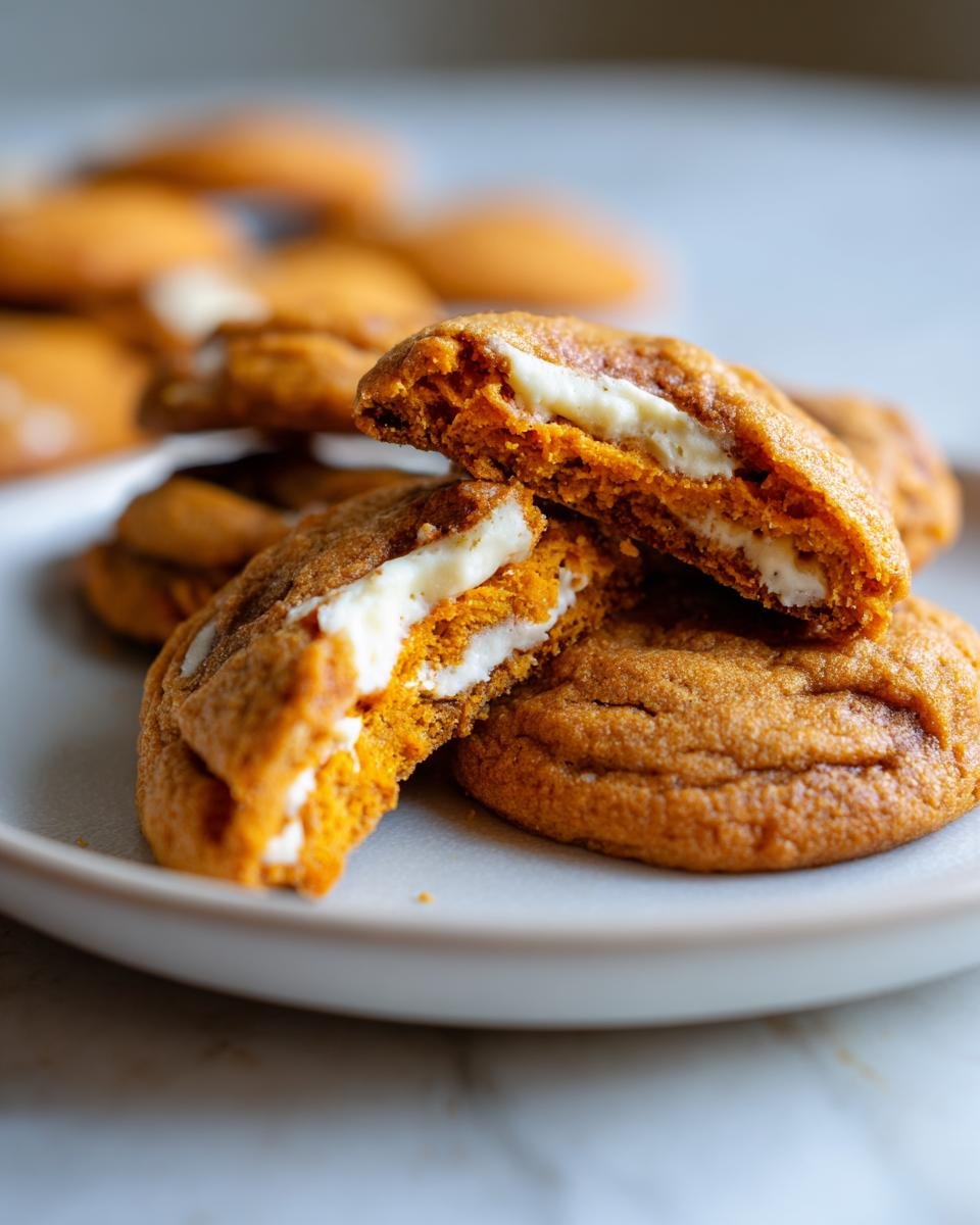 Close-up of an Irresistible Pumpkin Cheesecake Cookies Recipe cookie broken in half showing the creamy white filling.