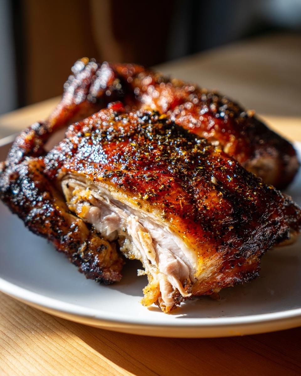 Close-up of juicy Smoked Garlic Lemon Pepper Chicken with crispy, seasoned skin and visible white meat.
