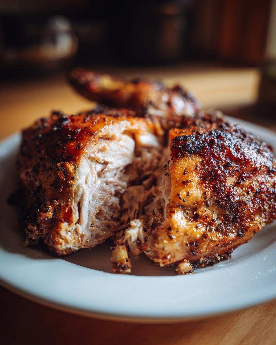 Close-up of juicy Smoked Garlic Lemon Pepper Chicken cut open, showing moist, shredded meat and seasoned skin.