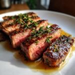 Slices of medium-rare steak covered in a rich Juicy Steak Garlic Sauce and fresh thyme.