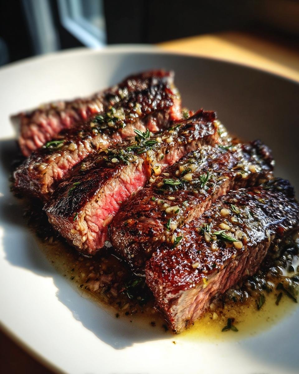Four slices of perfectly cooked steak covered in a rich Juicy Steak Garlic Sauce, served on a white plate.