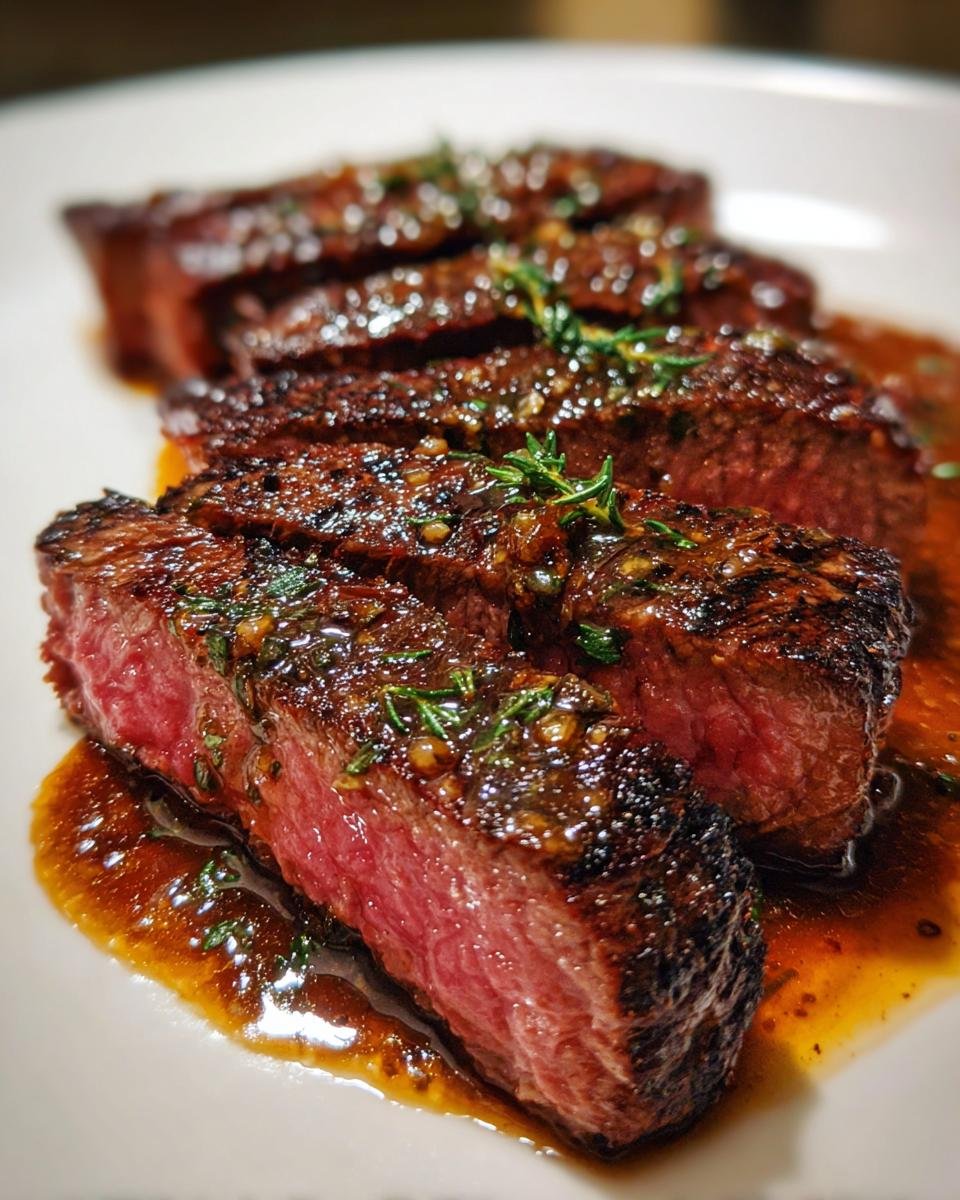 Close-up of sliced, medium-rare steak covered in a rich Juicy Steak Garlic Sauce and fresh herbs.