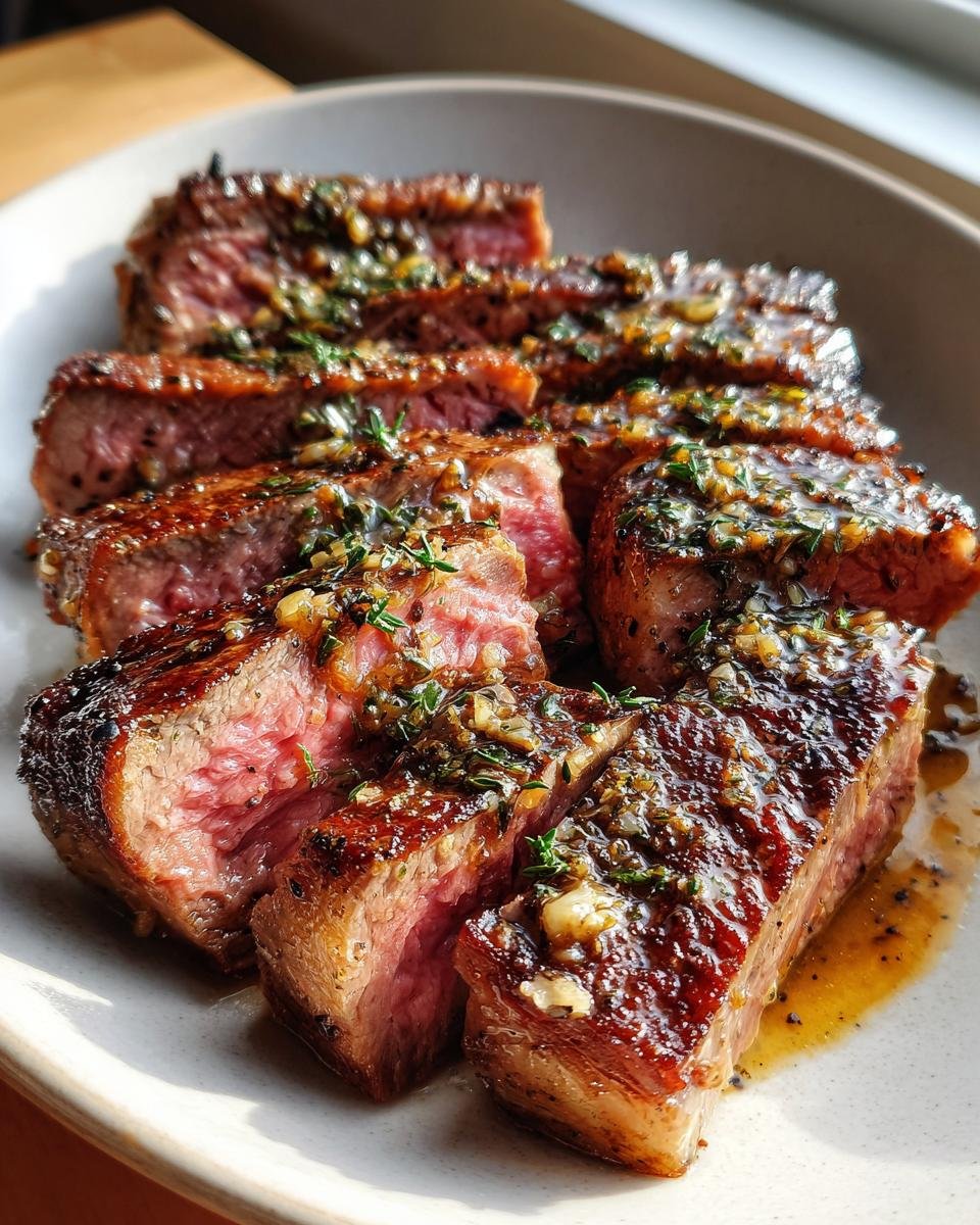 Close-up of sliced steak perfectly cooked medium-rare, covered in a rich Juicy Steak Garlic Sauce and garnished with fresh thyme.