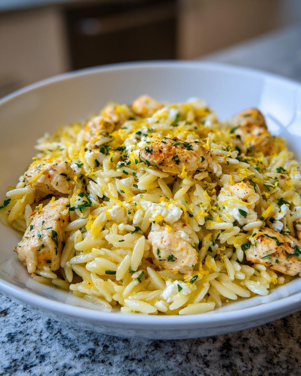A close-up shot of Lemon Feta Chicken And Orzo topped with bright yellow lemon zest and fresh herbs in a white bowl.