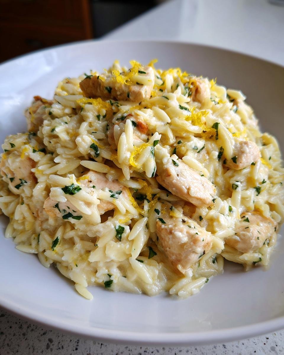Close-up of creamy Lemon Feta Chicken And Orzo topped with bright yellow lemon zest and fresh parsley.