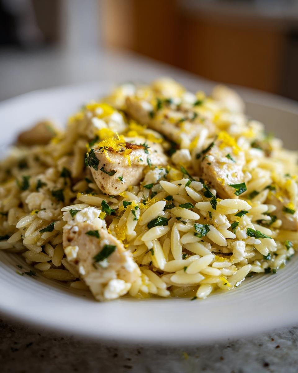 Close-up of Lemon Feta Chicken And Orzo served on a white plate, topped with feta and lemon zest.