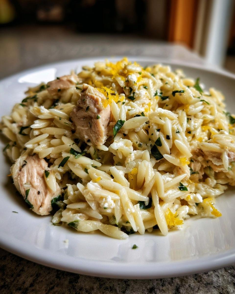 Close-up of a portion of Lemon Feta Chicken And Orzo mixed with herbs and topped with lemon zest.