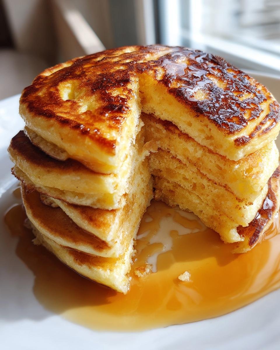 A tall stack of fluffy Lemon Ricotta Pancakes with a slice removed, drizzled generously with syrup.