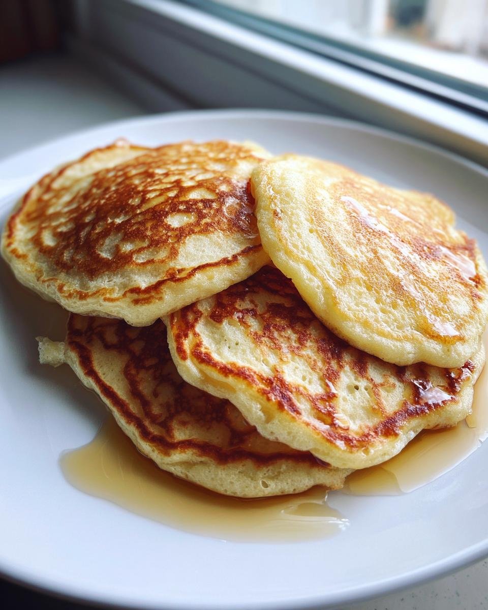 A stack of three fluffy Lemon Ricotta Pancakes drizzled with syrup on a white plate.