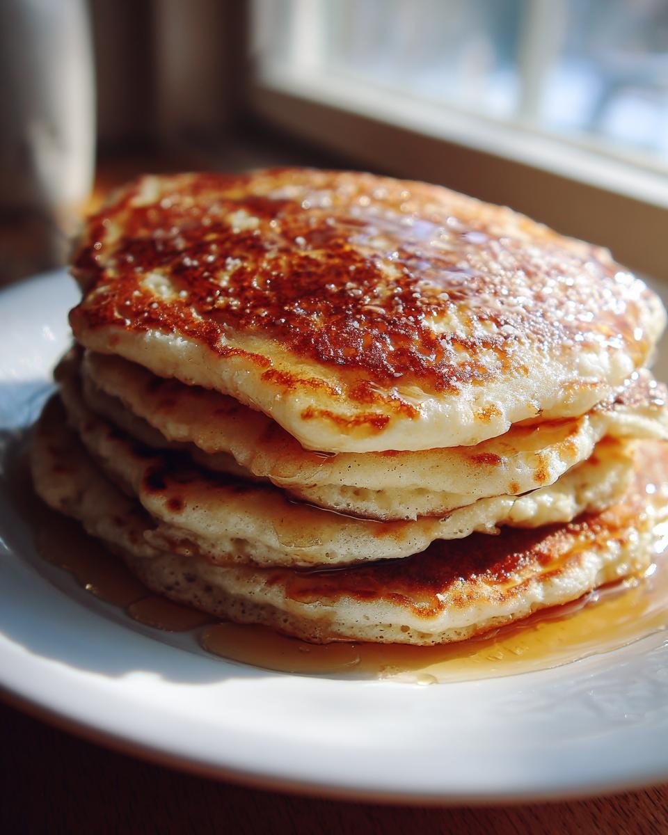 A tall stack of fluffy Lemon Ricotta Pancakes drizzled generously with syrup on a white plate.