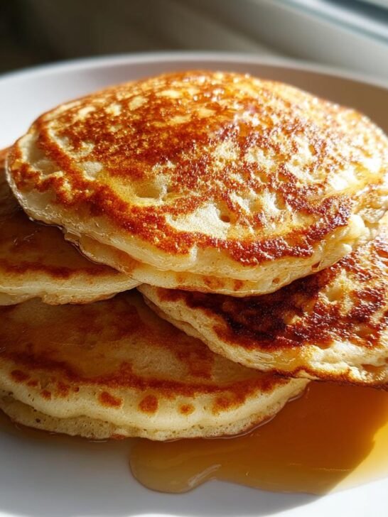 A close-up stack of four golden-brown Lemon Ricotta Pancakes drizzled with syrup on a white plate.