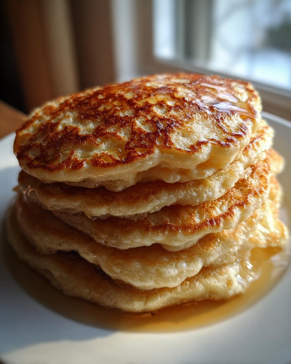 A tall stack of fluffy Lemon Ricotta Pancakes drizzled with syrup, sitting on a white plate near a window.