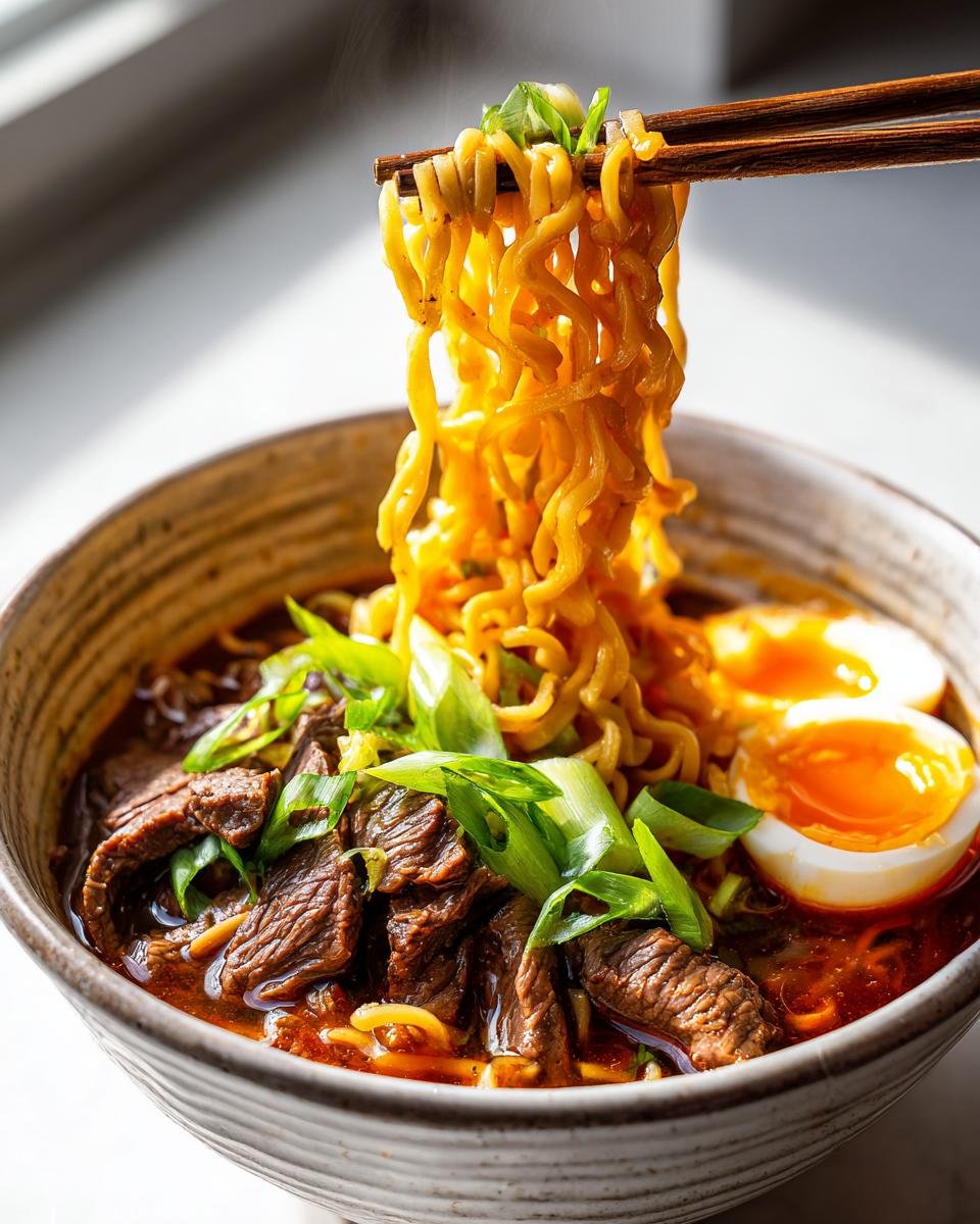 Chopsticks lifting steaming noodles from a bowl of Beef Ramen Noodles with sliced beef and soft-boiled egg.