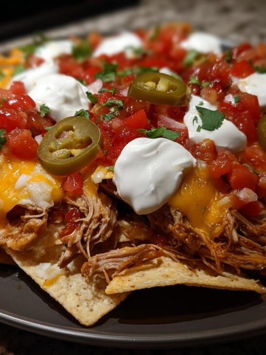 A close-up view of Loaded Carnitas Nachos piled high with shredded pork, melted cheese, salsa, sour cream, and jalape&ntilde;os.