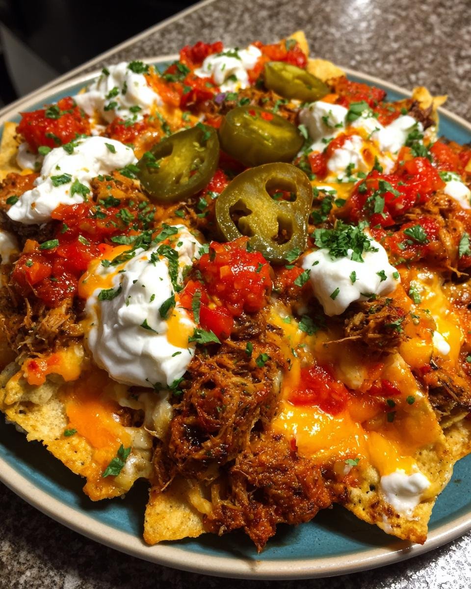 A plate piled high with Loaded Carnitas Nachos, topped with melted cheese, sour cream, salsa, and pickled jalape&ntilde;os.