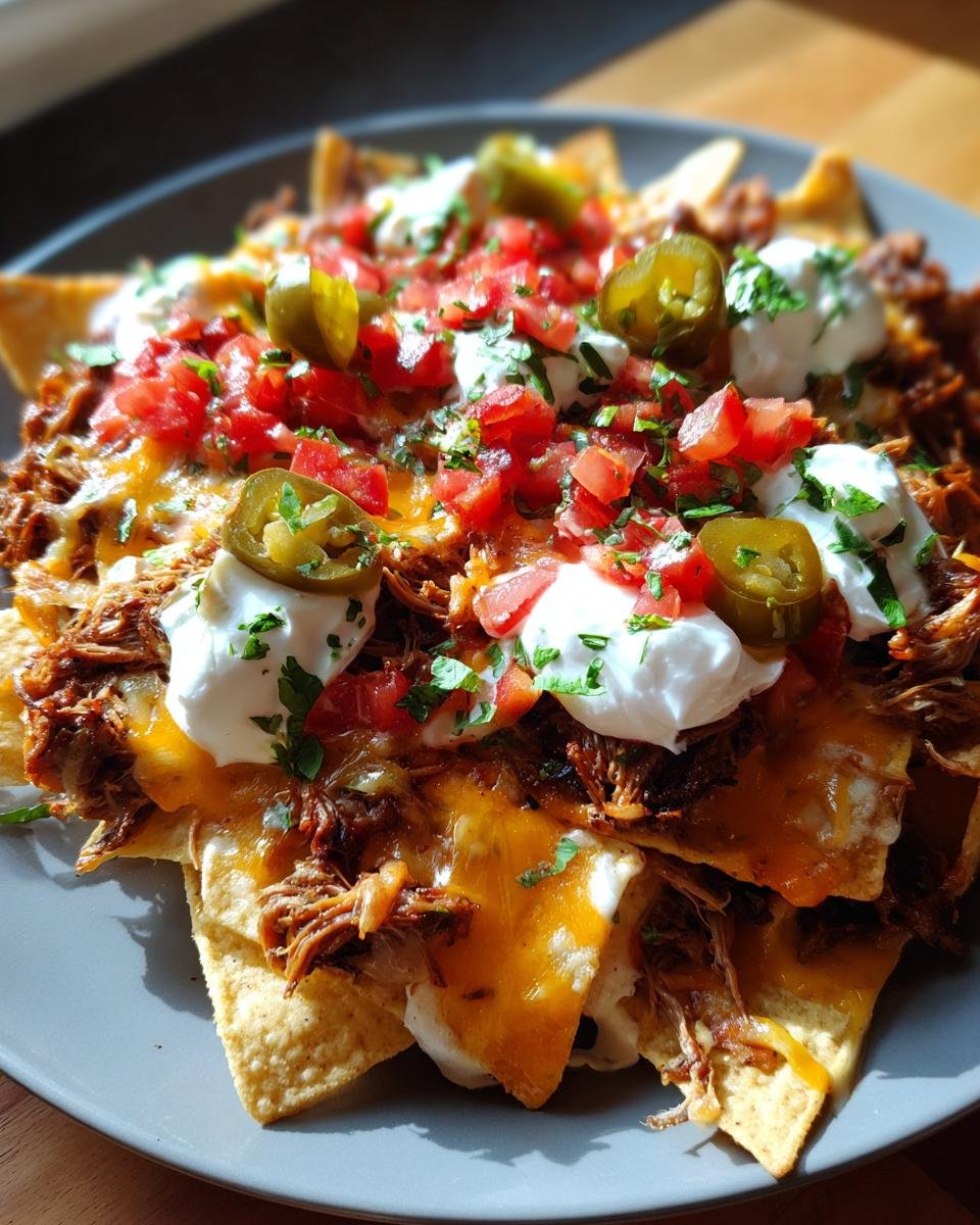 A close-up of Loaded Carnitas Nachos piled high with shredded pork, melted cheese, sour cream, pico de gallo, and jalape&ntilde;os.