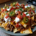 A close-up of Loaded Carnitas Nachos piled high with shredded pork, melted cheese, sour cream, tomatoes, and jalape&ntilde;os.