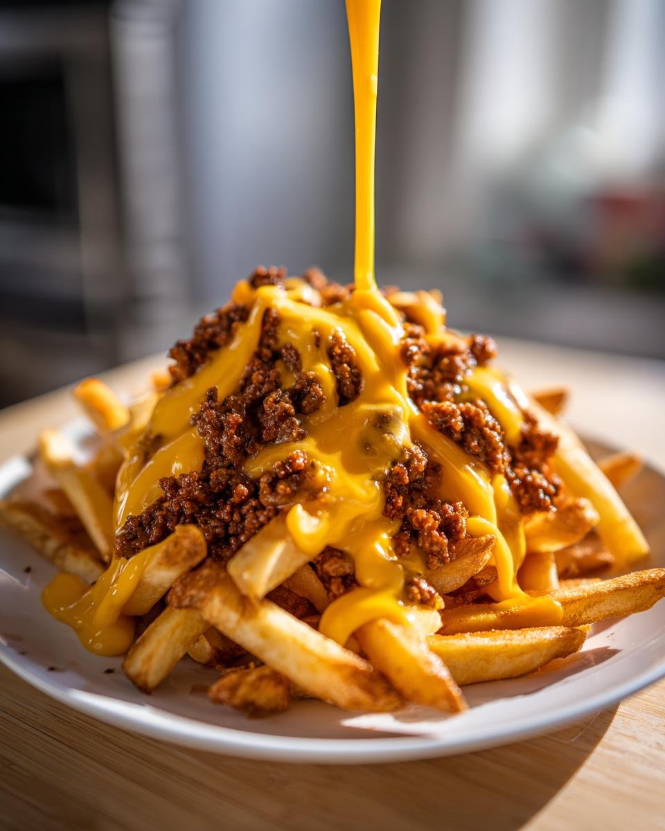 A stream of bright yellow cheese sauce is poured over a mound of crispy fries topped with seasoned ground beef for Loaded Cheese Fries Beef.