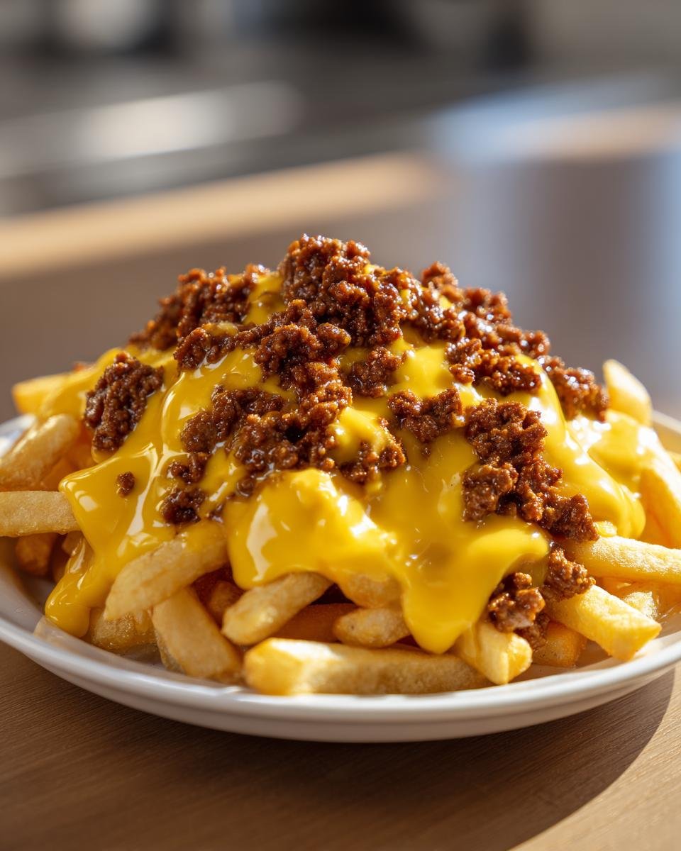 A close-up of a large serving of Loaded Cheese Fries Beef, smothered in bright yellow cheese sauce and savory ground beef chili.