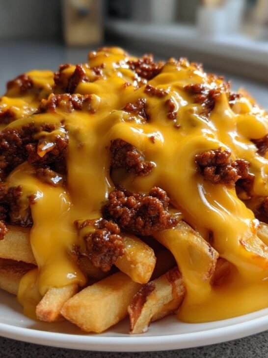 Close-up of golden french fries smothered in rich chili beef and melted cheddar cheese sauce, the perfect Loaded Cheese Fries Beef.