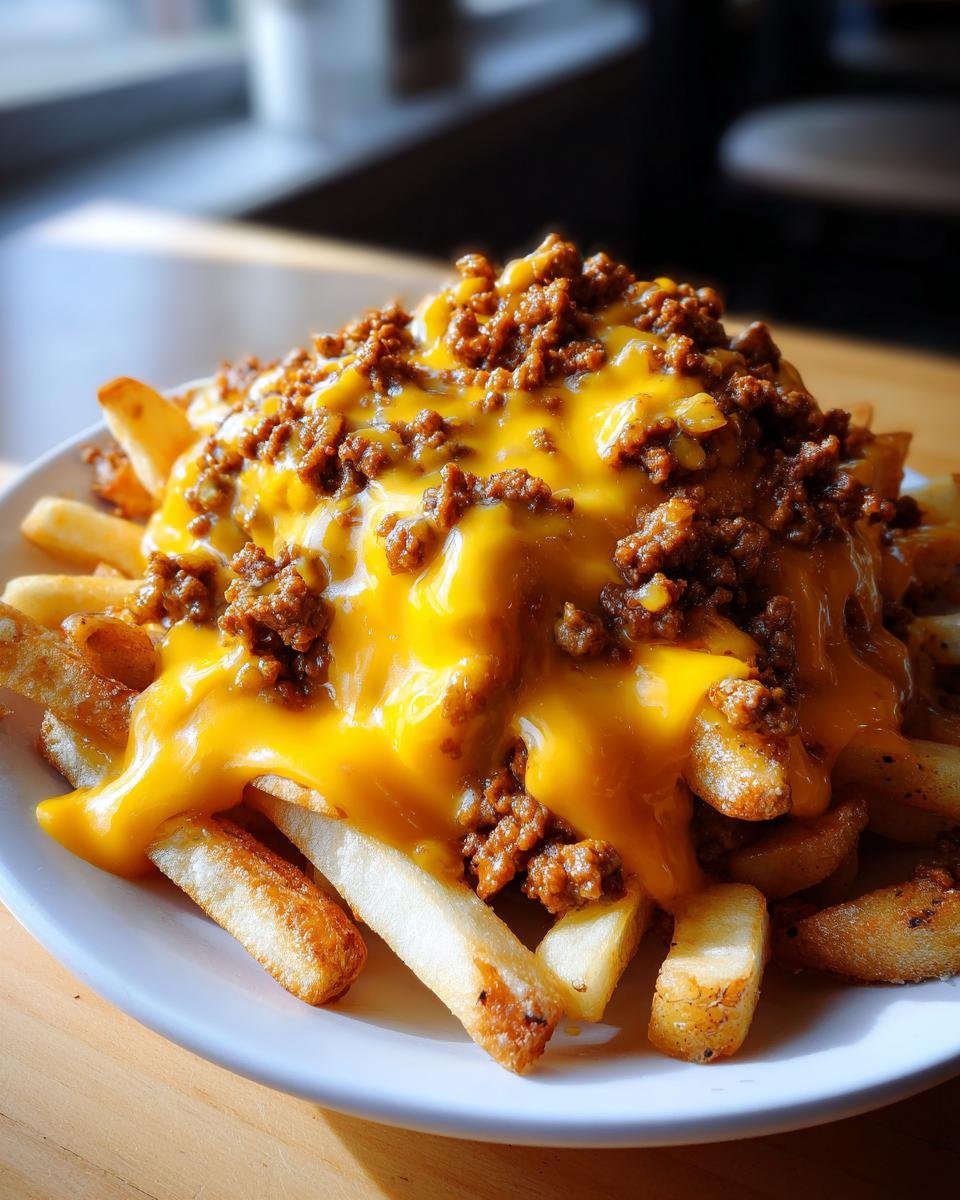 Close-up of golden french fries smothered in bright yellow cheese sauce and seasoned ground beef topping for Loaded Cheese Fries Beef.