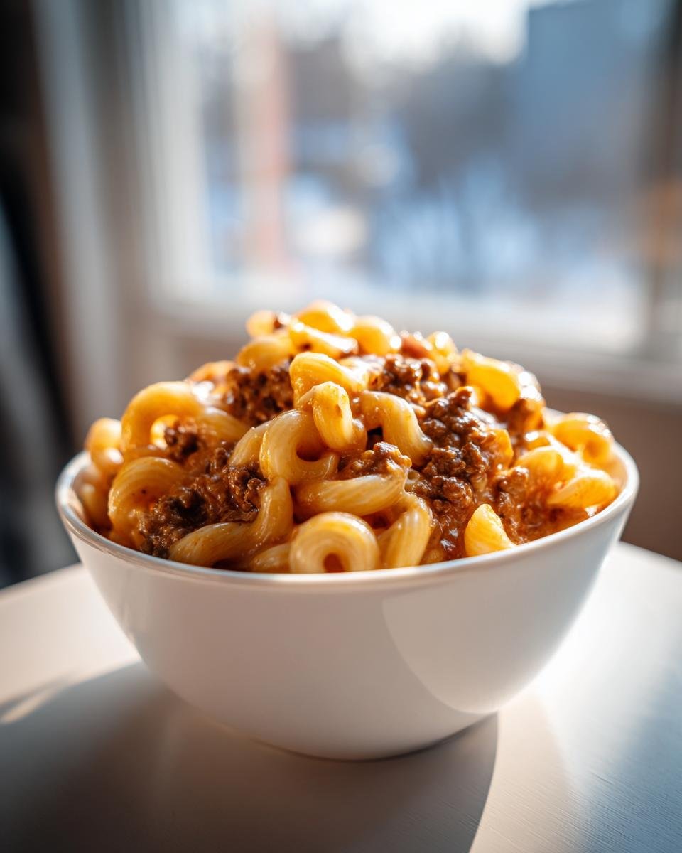 A close-up of a white bowl filled with creamy, cheesy Loaded Cheeseburger Pasta featuring elbow macaroni and seasoned ground beef.