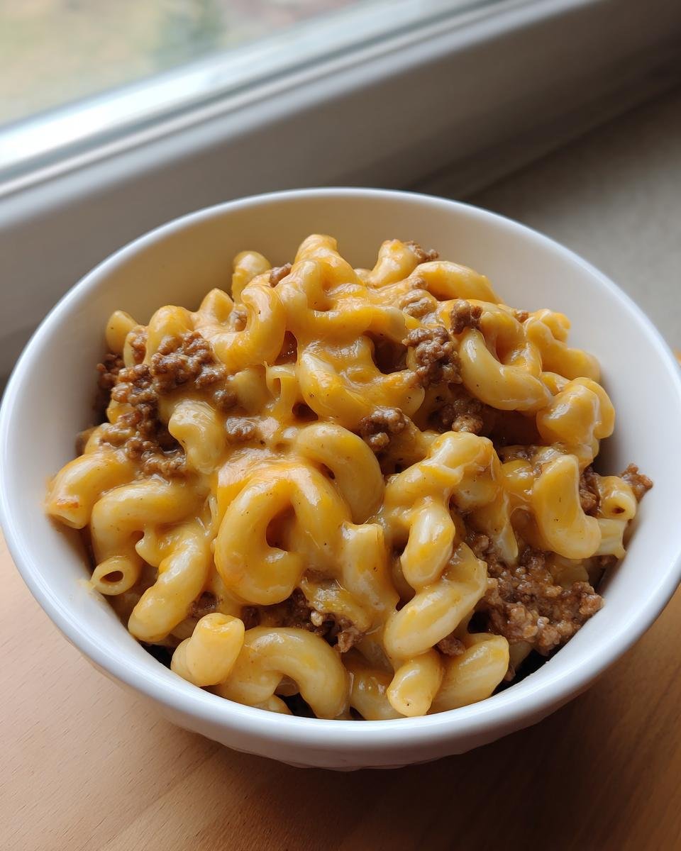 Close-up of a white bowl filled with creamy, cheesy macaroni mixed with ground beef, representing Loaded Cheeseburger Pasta.