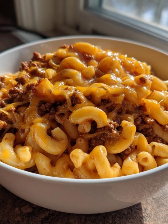 A close-up of a white bowl filled with creamy Loaded Cheeseburger Pasta, featuring elbow macaroni, seasoned ground beef, and melted cheddar cheese.