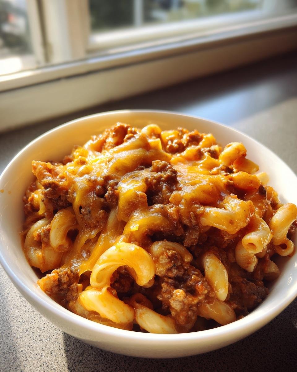 Close-up of a white bowl filled with creamy, cheesy Loaded Cheeseburger Pasta featuring elbow macaroni and ground beef.