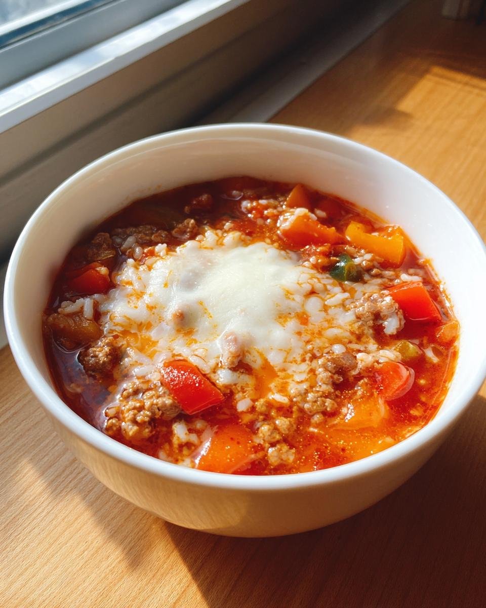 A close-up of a white bowl filled with Stuffed Pepper Soup, featuring ground meat, rice, peppers, and a topping of melted white cheese.