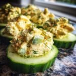 Close-up of Low Carb Cucumber Egg Salad served on thick cucumber slices, garnished with dill.